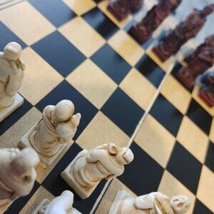 Original vintage clay chess set "Buddhist Warrior Monks", pre-owned.